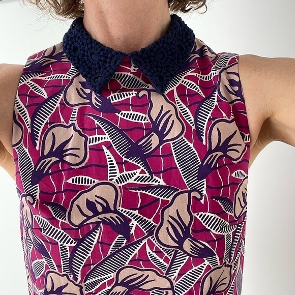 Club Monaco Floral Mini Dress Sleeveless Knit Crochet Collar Silk Pink 00 - Picture 8 of 13